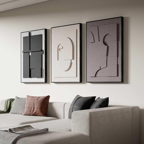 Large 3D Textured Framed Wall Art for Living Room, 3pcs Abstract Geometric Relief Artwork for Walls, Modern Neutral Black Beige Sandstone Plaster Pictures for Entryway Foyer Home Decor, 24x36 Inch in Saudi Arabia