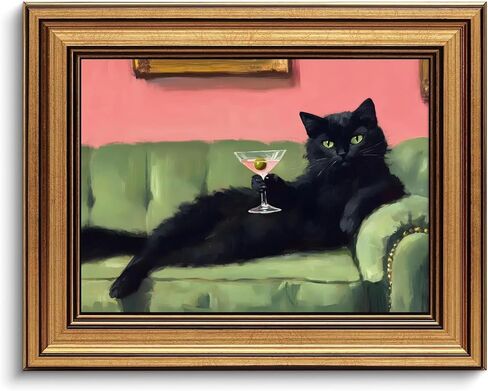 Devunaty Vintage Gold Framed Black Cat Martini Wall Art, Cocktail Bar Cart Wall Decor, Funny Cat On Green Sofa Canvas Print, Eclectic Whimsical Painting Picture For Bedroom Living Room Decor 9"x 11" in Saudi Arabia