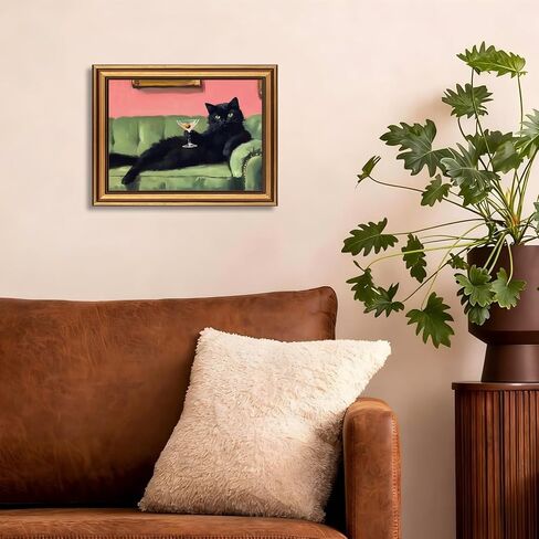 Devunaty Vintage Gold Framed Black Cat Martini Wall Art, Cocktail Bar Cart Wall Decor, Funny Cat On Green Sofa Canvas Print, Eclectic Whimsical Painting Picture For Bedroom Living Room Decor 9"x 11" in Saudi Arabia