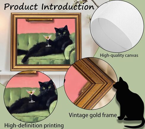 Devunaty Vintage Gold Framed Black Cat Martini Wall Art, Cocktail Bar Cart Wall Decor, Funny Cat On Green Sofa Canvas Print, Eclectic Whimsical Painting Picture For Bedroom Living Room Decor 9"x 11" in Saudi Arabia