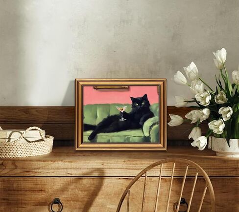 Devunaty Vintage Gold Framed Black Cat Martini Wall Art, Cocktail Bar Cart Wall Decor, Funny Cat On Green Sofa Canvas Print, Eclectic Whimsical Painting Picture For Bedroom Living Room Decor 9"x 11" in Saudi Arabia