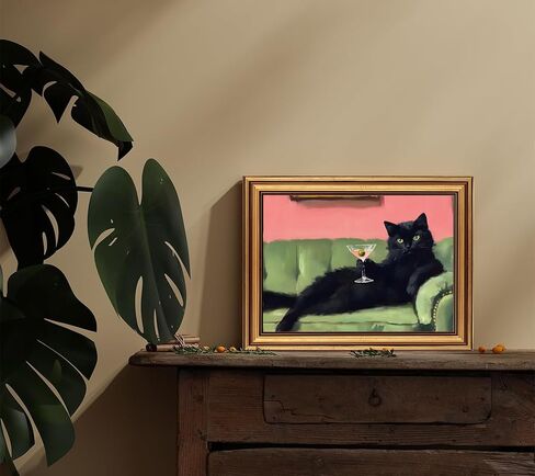 Devunaty Vintage Gold Framed Black Cat Martini Wall Art, Cocktail Bar Cart Wall Decor, Funny Cat On Green Sofa Canvas Print, Eclectic Whimsical Painting Picture For Bedroom Living Room Decor 9"x 11" in Saudi Arabia