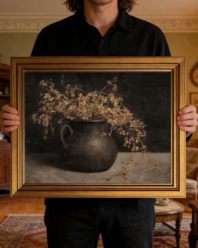 Gold Framed Vintage Wall Art for Room Decor Moody Floral Wall Dark Antique Plant Still Life Canvas Prints Painting for Living Kitchen Bathroom Bedroom Desktop Artwork 12x16 Inch in Saudi Arabia