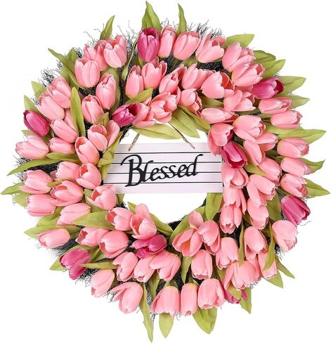 Tulip Wreath, 26-Inch Pink Spring Summer Front Door Wreath with bleesd Sign, Ideal for Seasonal Decor (Pink, 26) in Saudi Arabia