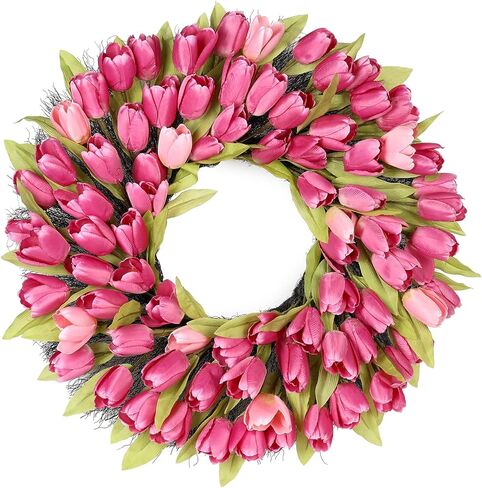 إكليل توليب، إكليل باب أمامي وردي لربيع وصيف مقاس 26 بوصة مع علامة تنزف، مثالي للديكور الموسمي (وردي، 26) in Kuwait