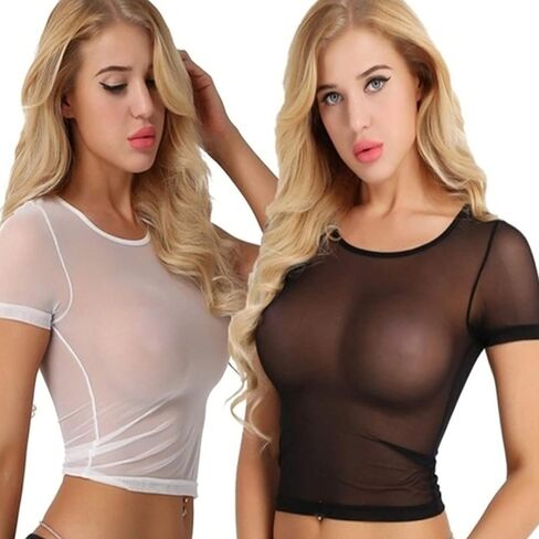 Sexy Lingerie for Women See Through Tank Tops Short Sleeve Crew Neck Babydolls Mesh Cropped Tops Teddy Tshirts Blouse Tees in Saudi Arabia