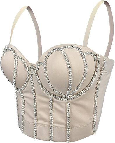 VEENDEO Women's Handmade Rhinestone Diamond Push up Bustier Crop Top Punk Corset Bra Vest With Detachable Strap in Kuwait