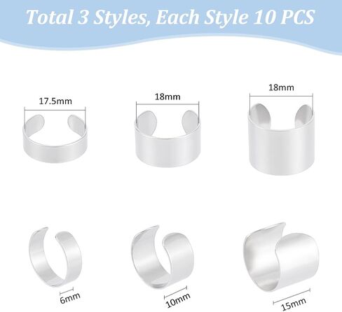 UNICRAFTALE 30Pcs 3 Sizes Stainless Steel Adjustable Cuff Rings Metal Open Finger Rings Wide Band Rings for Women Men Simple Finger Ring Jewelry 6/10/15mm Wide in Saudi Arabia