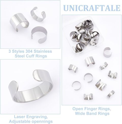 UNICRAFTALE 30Pcs 3 Sizes Stainless Steel Adjustable Cuff Rings Metal Open Finger Rings Wide Band Rings for Women Men Simple Finger Ring Jewelry 6/10/15mm Wide in Saudi Arabia