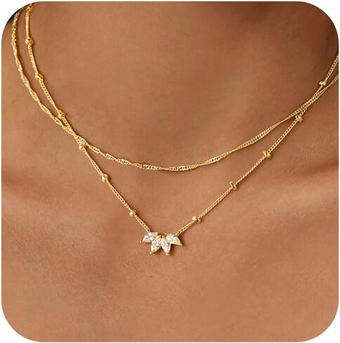 Yoosteel Layered 14K Gold Plated CZ Pendant Necklace for Women - Dainty Cubic Zirconia Pendants Simple Gold Plated Satellite Chain Choker Necklaces Set Stack Trendys Jewelry Gifts in Kuwait