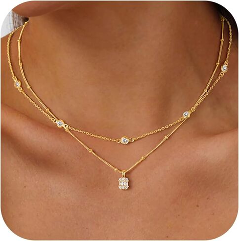 Yoosteel Layered 14K Gold Plated CZ Pendant Necklace for Women - Dainty Cubic Zirconia Pendants Simple Gold Plated Satellite Chain Choker Necklaces Set Stack Trendys Jewelry Gifts in Saudi Arabia