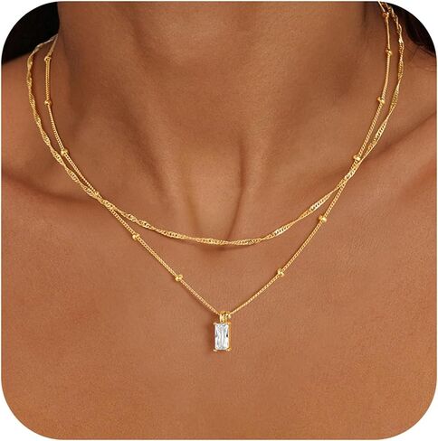 Yoosteel Layered 14K Gold Plated CZ Pendant Necklace for Women - Dainty Cubic Zirconia Pendants Simple Gold Plated Satellite Chain Choker Necklaces Set Stack Trendys Jewelry Gifts in Saudi Arabia