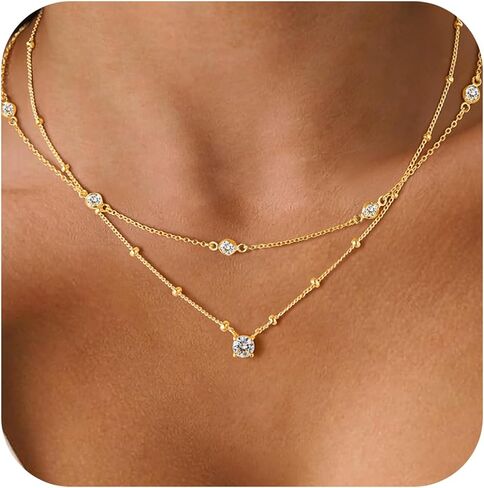 Yoosteel Layered 14K Gold Plated CZ Pendant Necklace for Women - Dainty Cubic Zirconia Pendants Simple Gold Plated Satellite Chain Choker Necklaces Set Stack Trendys Jewelry Gifts in Saudi Arabia