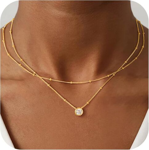 Yoosteel Layered 14K Gold Plated CZ Pendant Necklace for Women - Dainty Cubic Zirconia Pendants Simple Gold Plated Satellite Chain Choker Necklaces Set Stack Trendys Jewelry Gifts in Saudi Arabia