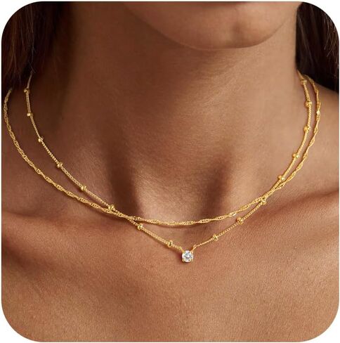 Yoosteel Layered 14K Gold Plated CZ Pendant Necklace for Women - Dainty Cubic Zirconia Pendants Simple Gold Plated Satellite Chain Choker Necklaces Set Stack Trendys Jewelry Gifts in Saudi Arabia