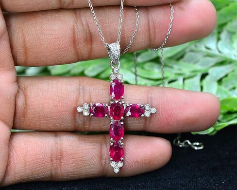 Natural Red Ruby 7X5 MM Oval Cut Holy Cross Pendant Necklace 925 Sterling Silver July Birthstone Ruby Jewelry Proposal Necklace Gift For Girlfriend (PD-8481) in Saudi Arabia