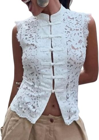 Sheer Lace Tank Top Mock Neck Frog Button Mandarin Collar Shirt Sleeveless Coquette Vintage Going Out Y2k Tops in Saudi Arabia