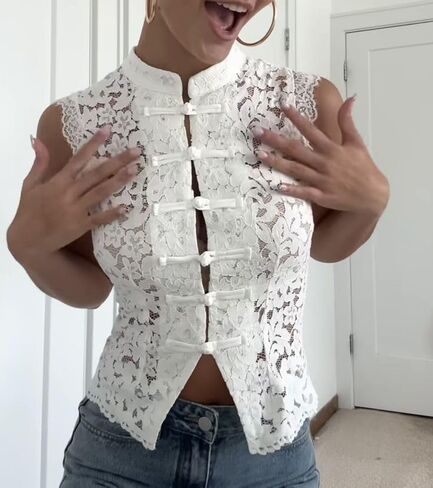 Sheer Lace Tank Top Mock Neck Frog Button Mandarin Collar Shirt Sleeveless Coquette Vintage Going Out Y2k Tops in Saudi Arabia