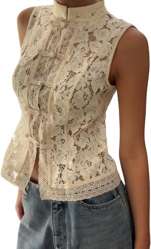 Sheer Lace Tank Top Mock Neck Frog Button Mandarin Collar Shirt Sleeveless Coquette Vintage Going Out Y2k Tops in Saudi Arabia