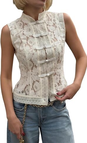 Sheer Lace Tank Top Mock Neck Frog Button Mandarin Collar Shirt Sleeveless Coquette Vintage Going Out Y2k Tops in Saudi Arabia