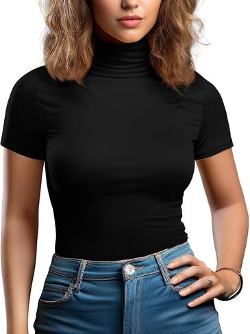 Long Sleeve Turtleneck Women Stretch/Short Sleeve Tops Fitted Tee Shirt in Kuwait