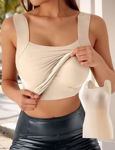 Womens Built In Bra Tank Top U Neck Seamless Fitted Sleeveless Vest Workout Shapewear Style Slimming Daily Top in Saudi Arabia