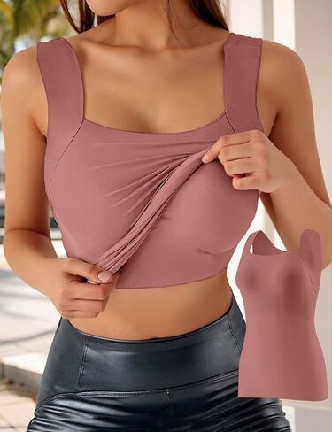 Womens Built In Bra Tank Top U Neck Seamless Fitted Sleeveless Vest Workout Shapewear Style Slimming Daily Top in Saudi Arabia