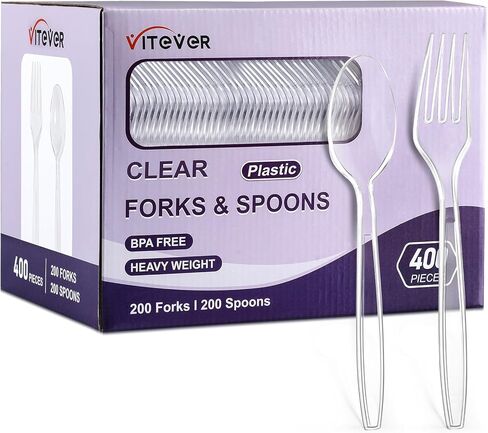 [400 Count] Clear Plastic Forks and Spoons Set Bulk - Heavy Duty Disposable Spoons and Forks Silverware, Plastic Utensils Cutlery Set for Party in Kuwait