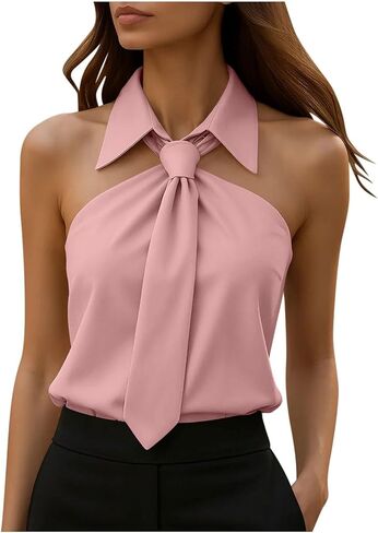 Oplxuo Women Tie Neck Blouse Dressy Casual Tank Tops Sleeveless Collared Off Shoulder Zipper Back Office Work Shirts in Kuwait