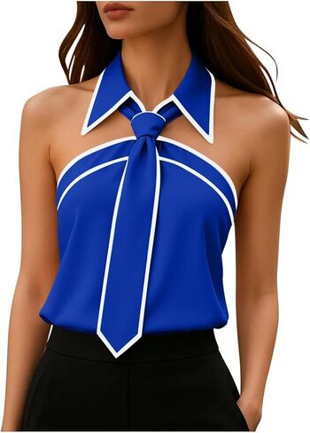 Oplxuo Women Tie Neck Blouse Dressy Casual Tank Tops Sleeveless Collared Off Shoulder Zipper Back Office Work Shirts in Saudi Arabia