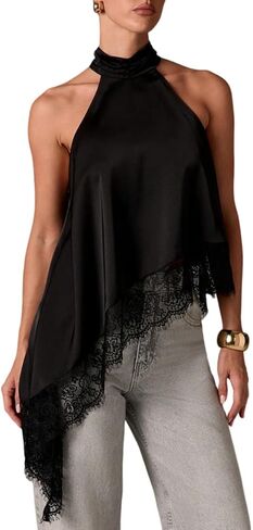 ABINGOO Womens Sleeveless Tops Satin Halter Mock Neck Elegant Going Out Tank Tops with Asymmetrical Lace Trim in Saudi Arabia