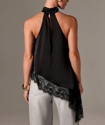 ABINGOO Womens Sleeveless Tops Satin Halter Mock Neck Elegant Going Out Tank Tops with Asymmetrical Lace Trim in Saudi Arabia