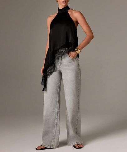 ABINGOO Womens Sleeveless Tops Satin Halter Mock Neck Elegant Going Out Tank Tops with Asymmetrical Lace Trim in Saudi Arabia
