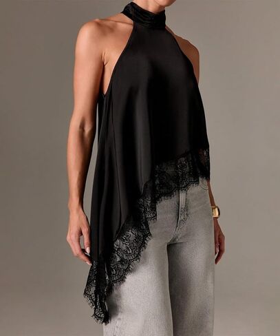 ABINGOO Womens Sleeveless Tops Satin Halter Mock Neck Elegant Going Out Tank Tops with Asymmetrical Lace Trim in Saudi Arabia