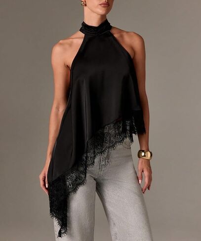 ABINGOO Womens Sleeveless Tops Satin Halter Mock Neck Elegant Going Out Tank Tops with Asymmetrical Lace Trim in Saudi Arabia