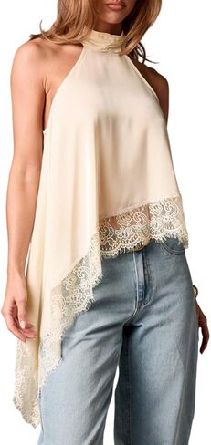 ABINGOO Womens Sleeveless Tops Satin Halter Mock Neck Elegant Going Out Tank Tops with Asymmetrical Lace Trim in Saudi Arabia