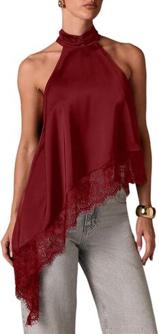 ABINGOO Womens Sleeveless Tops Satin Halter Mock Neck Elegant Going Out Tank Tops with Asymmetrical Lace Trim in Saudi Arabia
