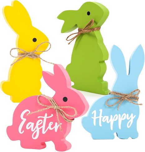 Wooden Bunnies Easter Decorations for The Home, 4PCS Cute Bunny Table Decor with Jute Twine Bow Spring Decorations for Tiered Tray Party Favors Tabletop Indoor Gift (RY-36FHJR) in Saudi Arabia