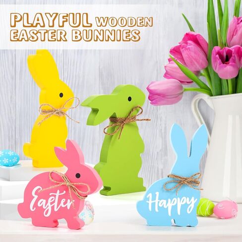 Wooden Bunnies Easter Decorations for The Home, 4PCS Cute Bunny Table Decor with Jute Twine Bow Spring Decorations for Tiered Tray Party Favors Tabletop Indoor Gift (RY-36FHJR) in Saudi Arabia