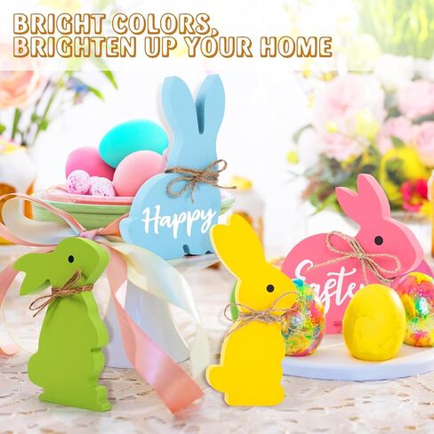 Wooden Bunnies Easter Decorations for The Home, 4PCS Cute Bunny Table Decor with Jute Twine Bow Spring Decorations for Tiered Tray Party Favors Tabletop Indoor Gift (RY-36FHJR) in Saudi Arabia