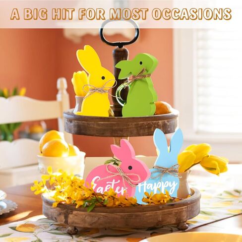 Wooden Bunnies Easter Decorations for The Home, 4PCS Cute Bunny Table Decor with Jute Twine Bow Spring Decorations for Tiered Tray Party Favors Tabletop Indoor Gift (RY-36FHJR) in Saudi Arabia