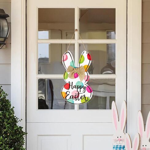 Easter Decorations Front Door Hanger: Cute Rustic Wooden Easter Peep Bunny Welcome Sign, Colorful Farmhouse Easter Door Wreath for Wall Home Front Porch Yard Office School Indoor Outdoor Decor in Kuwait
