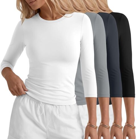 Neer 4 Pack Women's Workout Shirts 3/4 Sleeve Slim Fit Compression Tops Athletic Crewneck Gym Running Yoga Basic T-Shirt in Saudi Arabia