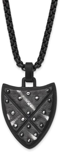 Stainless Steel Antiqued and Brushed Black IP-plated Shield Pendant Box Chain Necklace 24" in Saudi Arabia