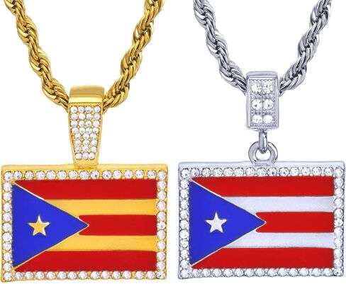 14K Gold Silver Plated Iced Simulated Diamond PUERTO RICO FLAG Pendant & 4mm 24" Rope Chain Hip Hop Style Fashion Necklace Gift Set in Kuwait