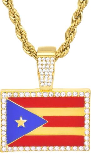 14K Gold Silver Plated Iced Simulated Diamond PUERTO RICO FLAG Pendant & 4mm 24" Rope Chain Hip Hop Style Fashion Necklace Gift Set in Kuwait