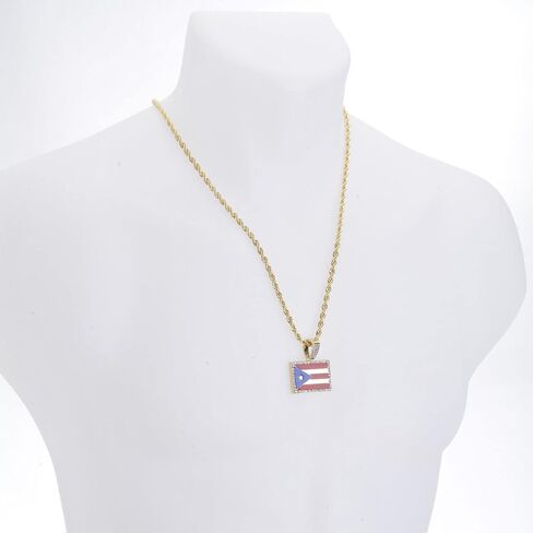 14K Gold Silver Plated Iced Simulated Diamond PUERTO RICO FLAG Pendant & 4mm 24" Rope Chain Hip Hop Style Fashion Necklace Gift Set in Kuwait
