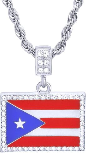 14K Gold Silver Plated Iced Simulated Diamond PUERTO RICO FLAG Pendant & 4mm 24" Rope Chain Hip Hop Style Fashion Necklace Gift Set in Kuwait