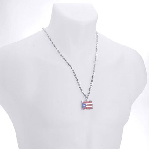 14K Gold Silver Plated Iced Simulated Diamond PUERTO RICO FLAG Pendant & 4mm 24" Rope Chain Hip Hop Style Fashion Necklace Gift Set in Kuwait