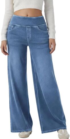 Women's Wide-Leg Jeans high Waisted Zippered Stretch Tummy Control in Saudi Arabia